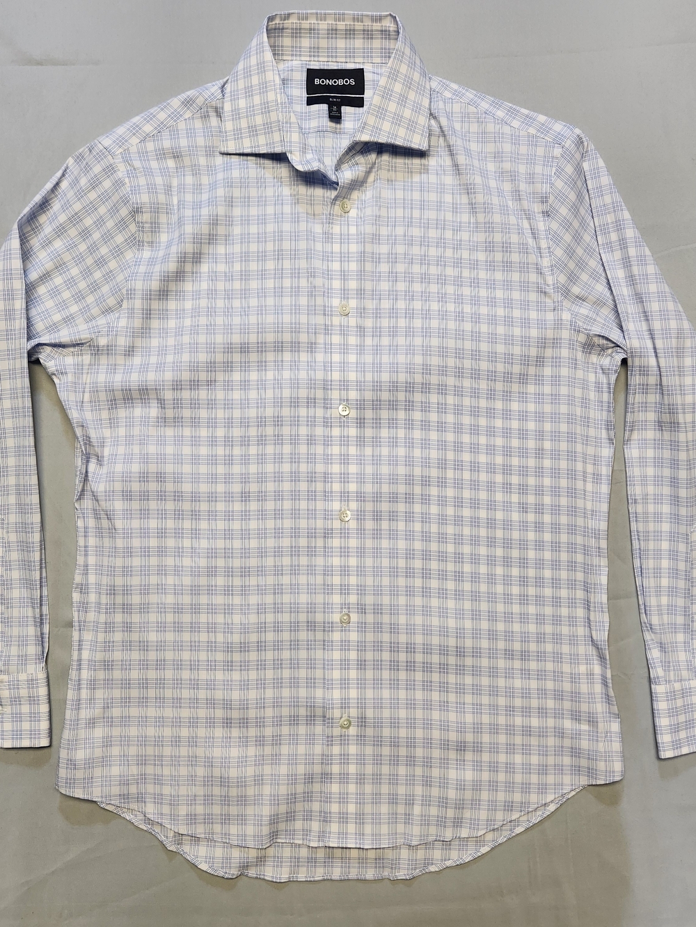 Bonobos Shirt Mens Size 16/34 Slim Blue Windowpane Stretch Long Sleeve Button Up
